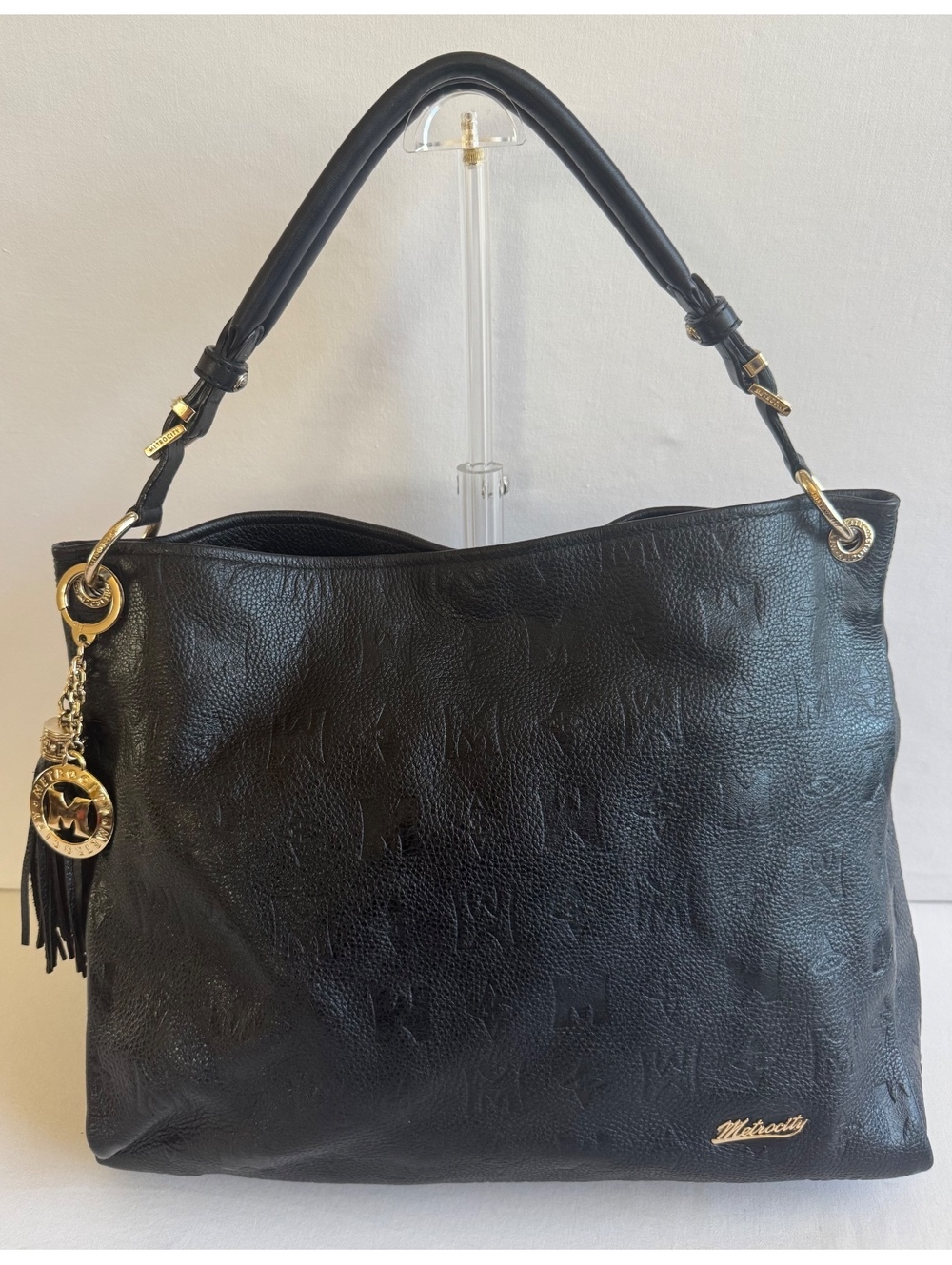 Metrocity Black Leather Large Hobo Shoulder Tote Embossed Monogram Gold Hardware